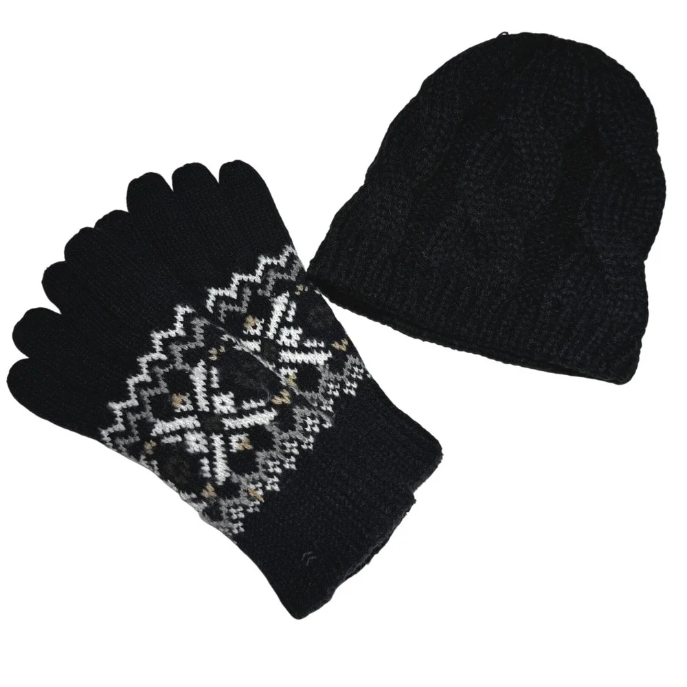 Black Knit Beanie and Fair Isle Gloves Set Winter Warm Cozy